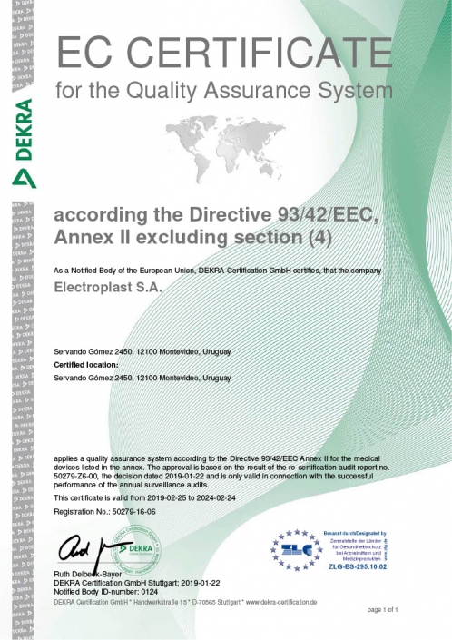 Quality Certificate EN ISO CE MARK 0124 Electroplast Dekra Uruguay