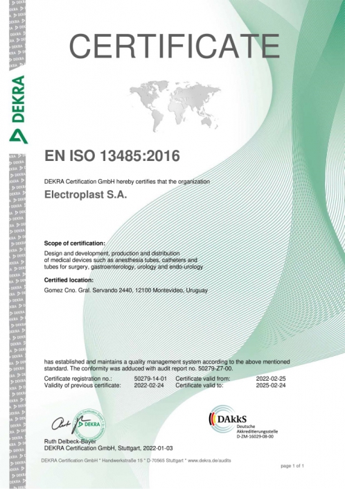 Quality Certificate EN ISO 13485 13485:2016 Electroplast Dekra Uruguay