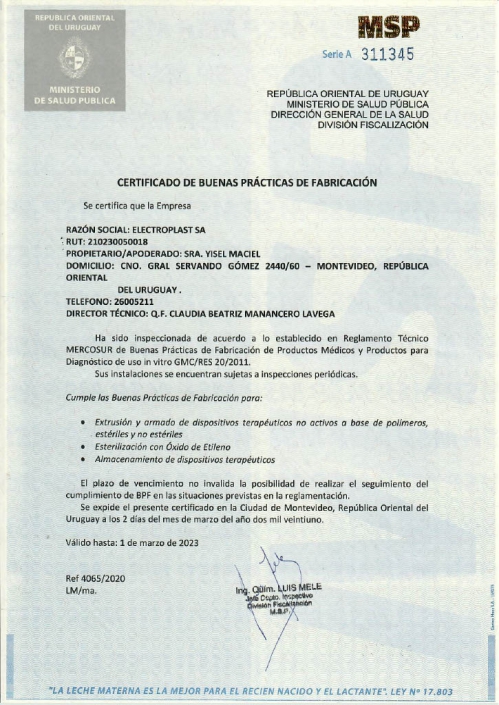 Quality Certificate GMP/BPF Electroplast MSP Uruguay